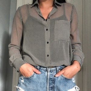 Zara Basic Sheer Houndstooth Button Up Blouse